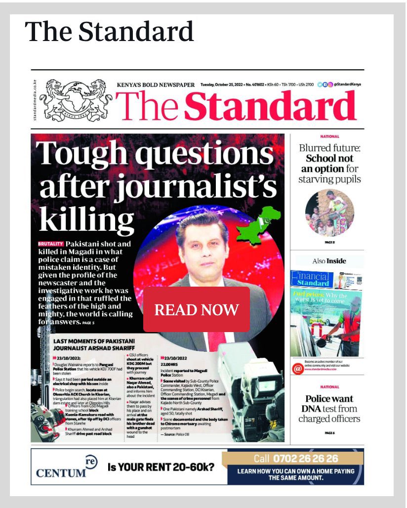 cjwerleman's tweet photo. Kenya’s mainstream media isn’t buying what the Kenyan government is saying about the murder of Pakistani journalist Arshad Sharif. https://t.co/aDzt4Nn746