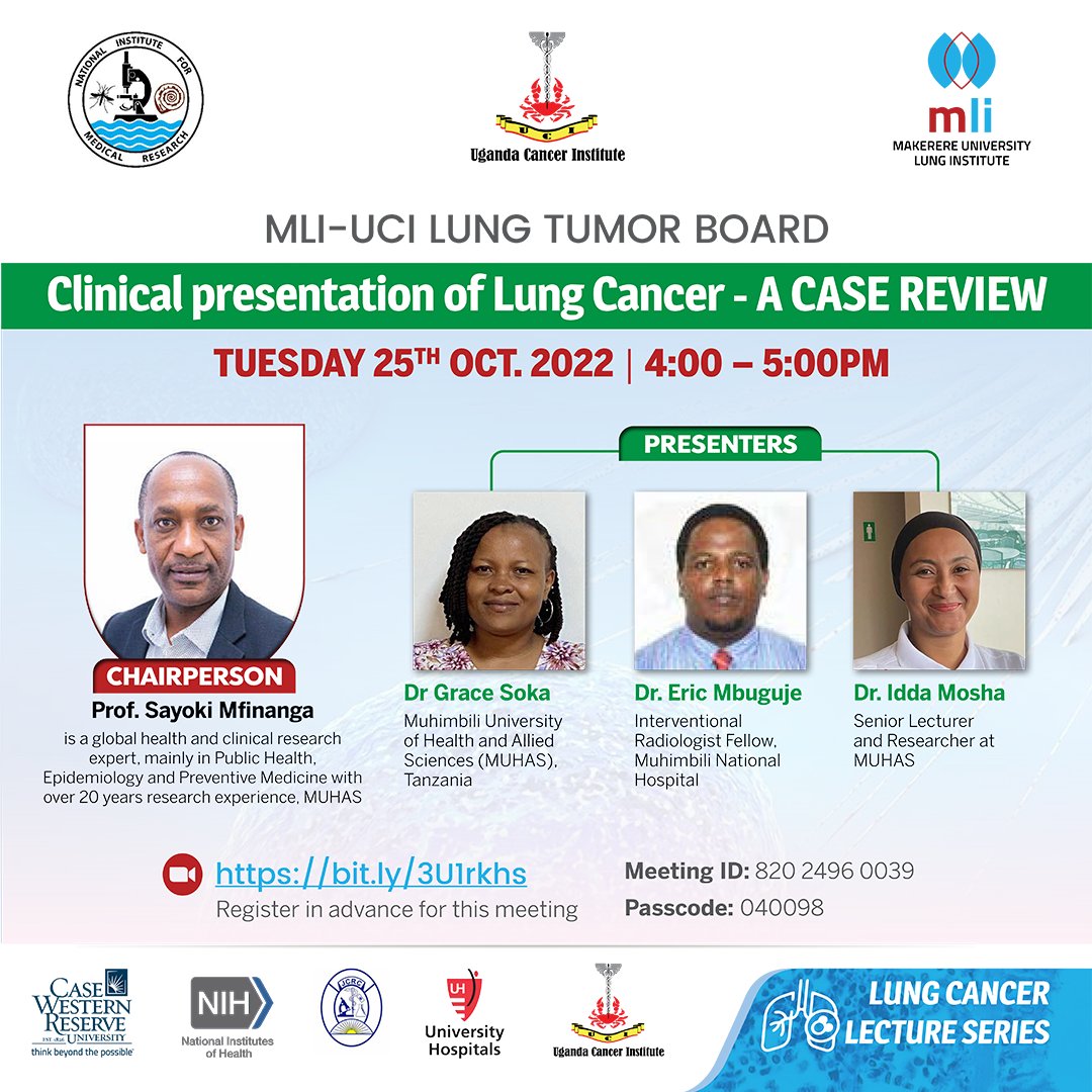 With all efforts geared towards reducing the cancer Disease burden, Join the terrific panel to understand some of the Clinical presentation of Lung Cancer to aid early diagnosis and treatment with Prof. Sayoki Mfinanga, Dr Grace Soka, Dr Eric Mbuguje & Dr Idda Mosha today at 4pm.