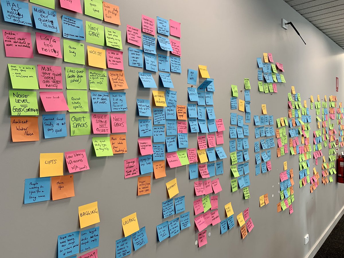 andypriestner's tweet image. Wow. Such a huge affinity map - just 2 hours of research here at @monashunilib Each post-it contains a problem (pink), praise (green), an idea for change (orange), or an observation/behaviour (blue) #uxtour #affinitymapping #userexperience