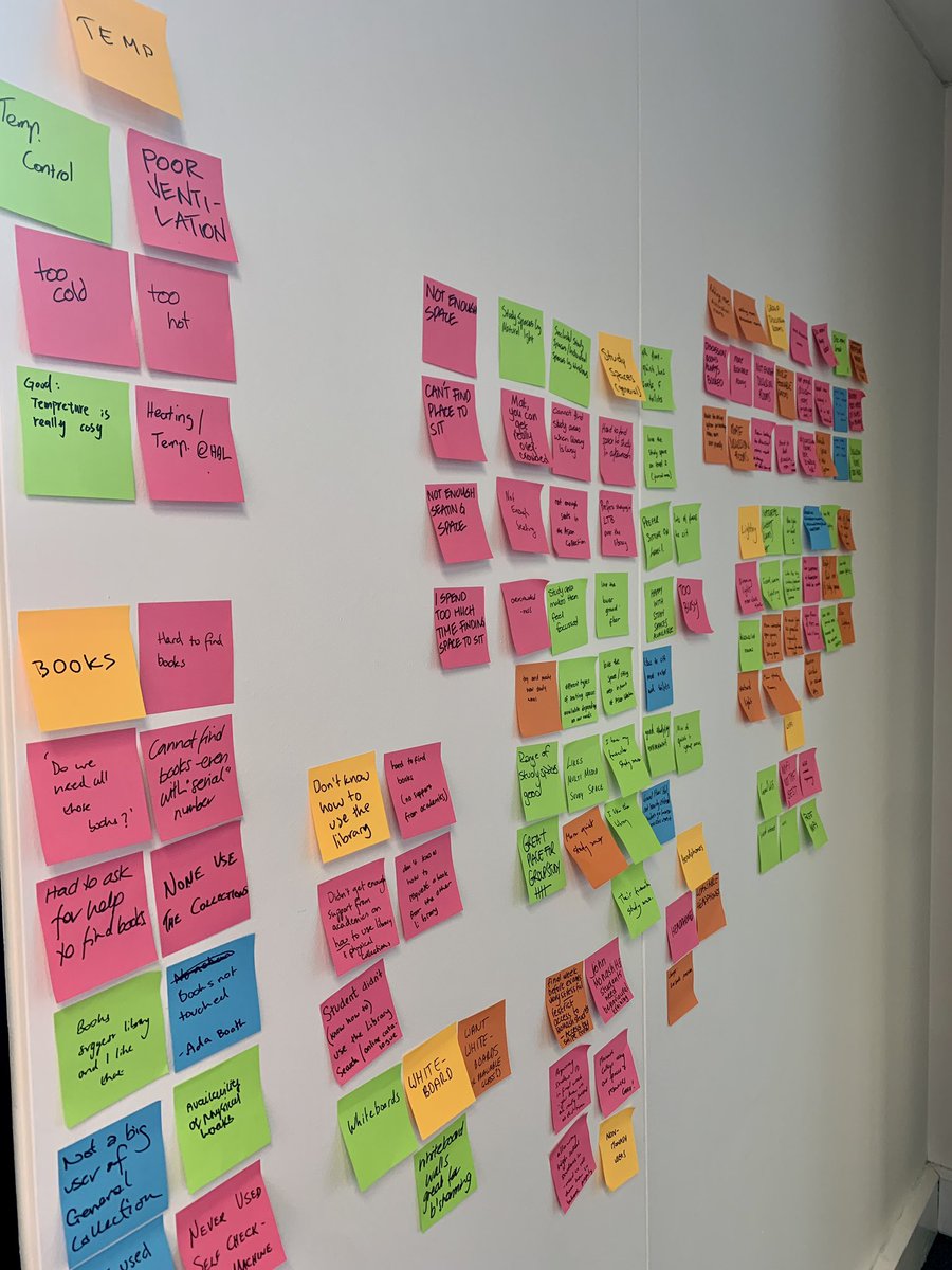 andypriestner's tweet image. Wow. Such a huge affinity map - just 2 hours of research here at @monashunilib Each post-it contains a problem (pink), praise (green), an idea for change (orange), or an observation/behaviour (blue) #uxtour #affinitymapping #userexperience