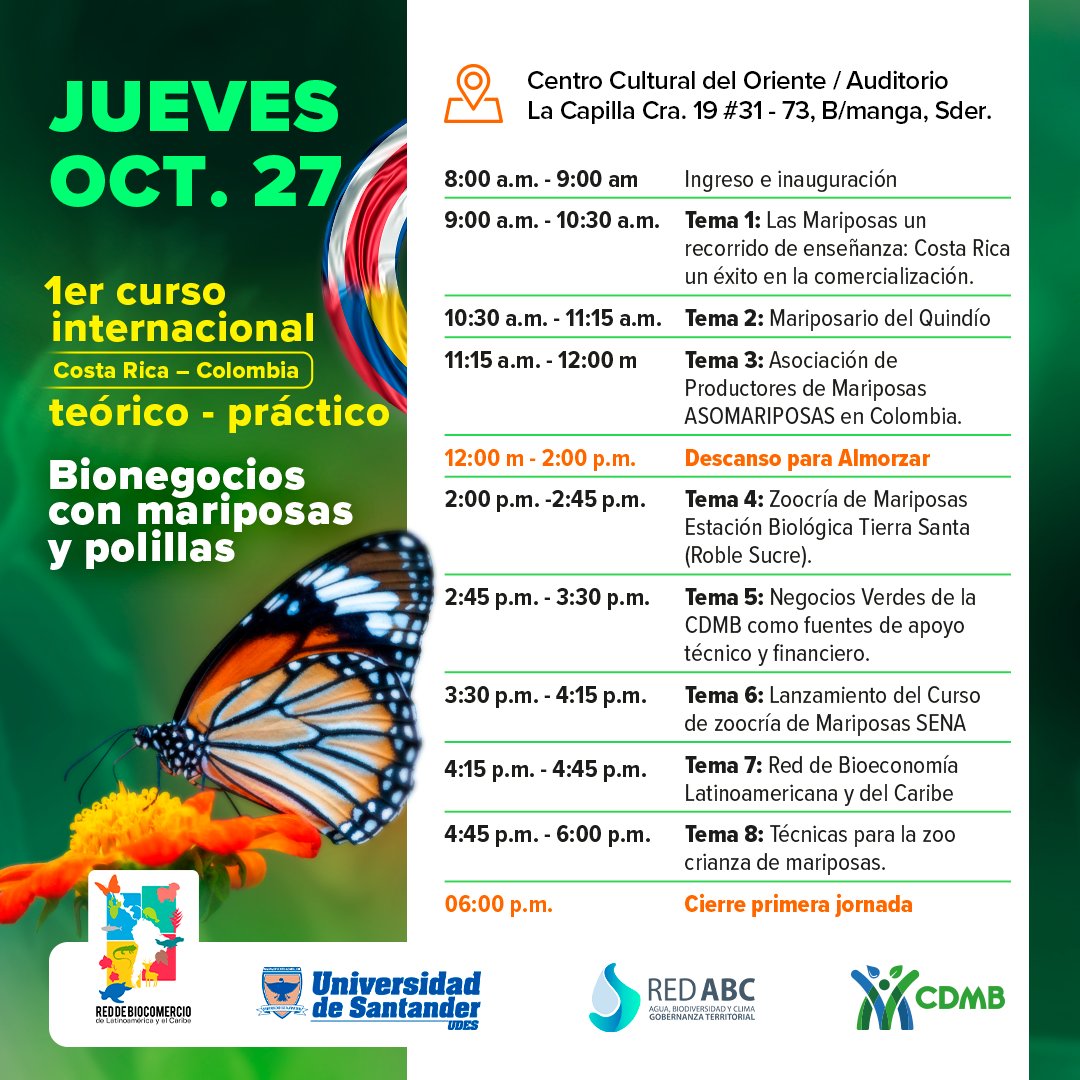 CARCDMB's tweet photo. Estamos a pocas horas de iniciar el 1er curso internacional teórico-práctico "Bionegocios con Mariposas y Polillas" 🦋 , que se realizará en el Centro Cultural del Oriente.
Si ya estás inscrito, te invitamos a conocer la programación de mañana. ¡Te esperamos!
#CDMBiodiversa 🦋 https://t.co/Wy8zrfj6je