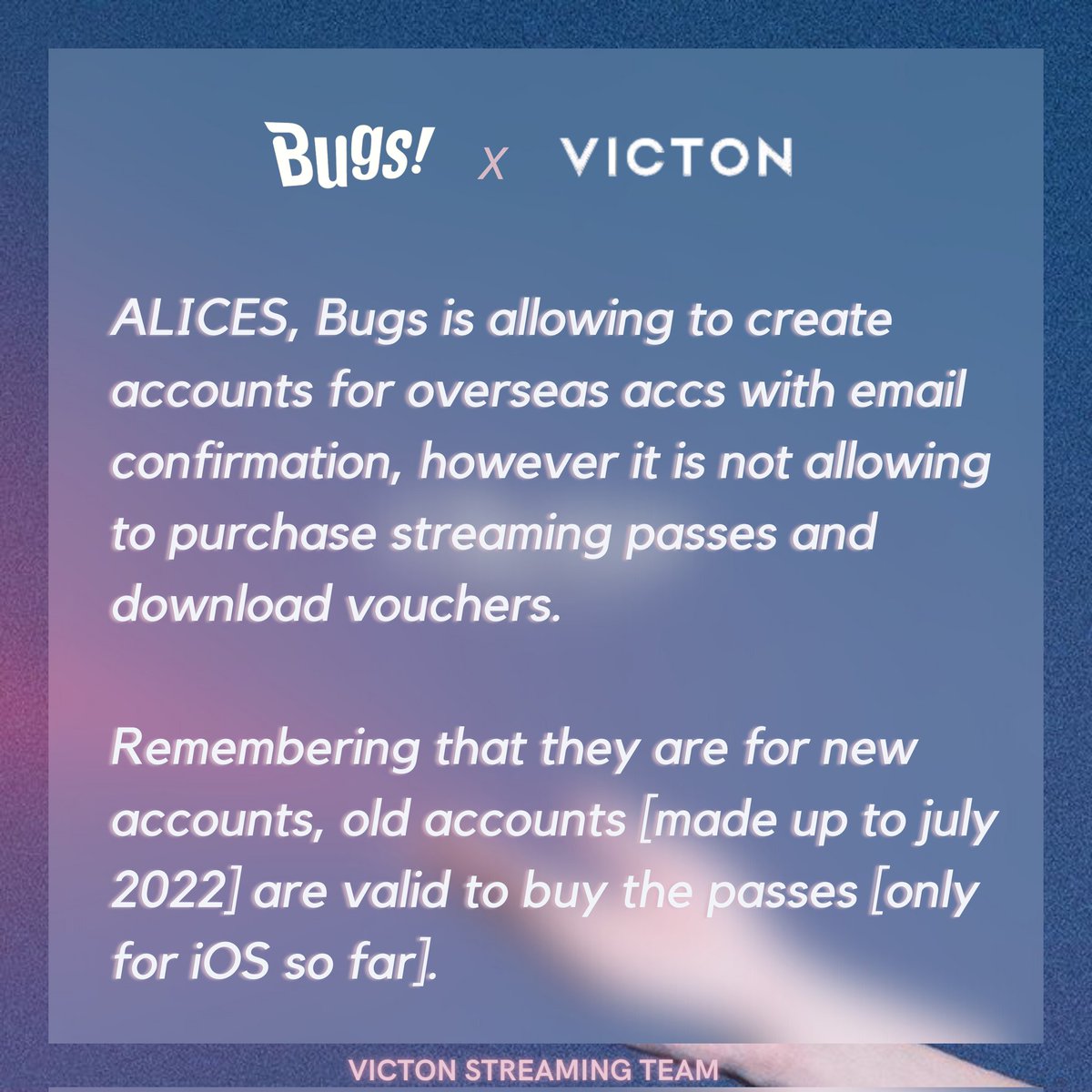 victon_streams's tweet photo. Hello, ALICEs! 

BUGs app has had changes regarding overseas fans. Even though he is releasing registration for new IDs, unfortunately the purchase of passes is no longer available [new accounts!!].

#VICTON #빅톤 @VICTON1109 https://t.co/Iza15Ut4Qu