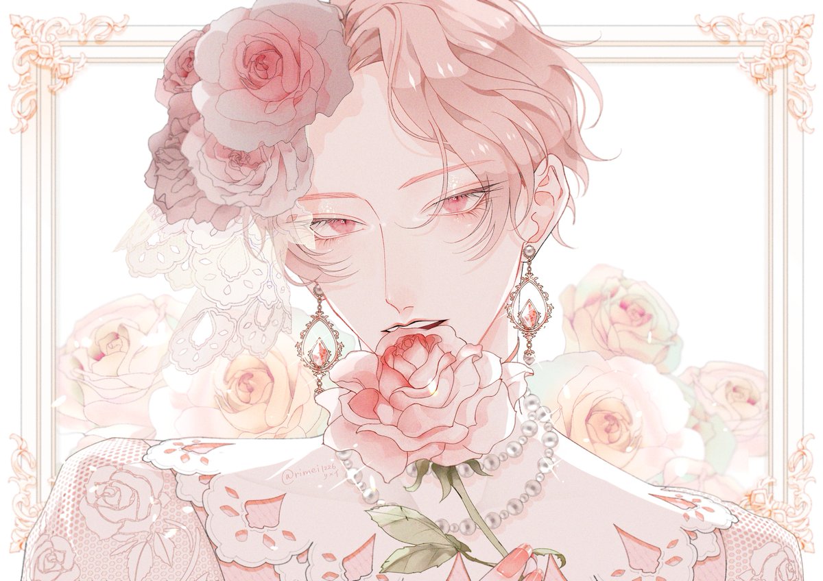 jewelry 1boy male focus flower pink hair short hair rose  illustration images