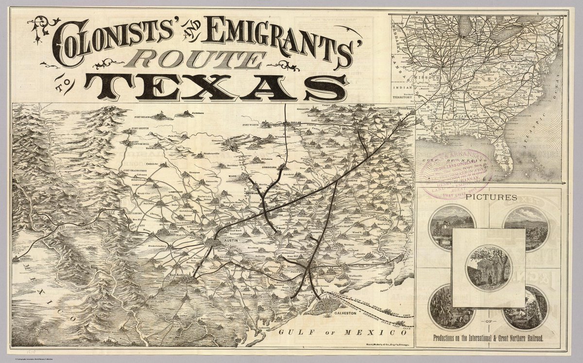 Colonists' &amp; Emigrants' Route to #Texas: an early map marketing a new exciting life in the West and the new #railways connecting #Austin, #Houston, #SanAntonio, and more (1878)