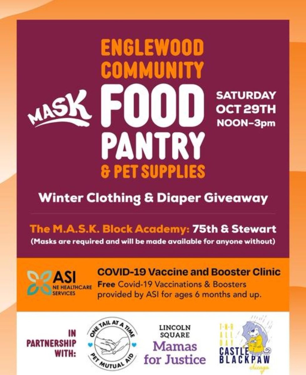 Come on over! 
Sat. , Oct.29th, noon to 4pm  
Food Pantry &amp; Pet Supplies
Winter Clothing 
Diapers

Covid-19 Vax &amp; Covid Boosters-ages 6 mo. &amp; Up. 

<a href="/castleblackpaw/">autumn cirrus</a> 
#LincolnSquareMamasForJustice
<a href="/onetailatatime/">One Tail at a Time (OTAT)</a> #PetMutualAid
#ASI NE Healthcare Services 
#MutualAid
