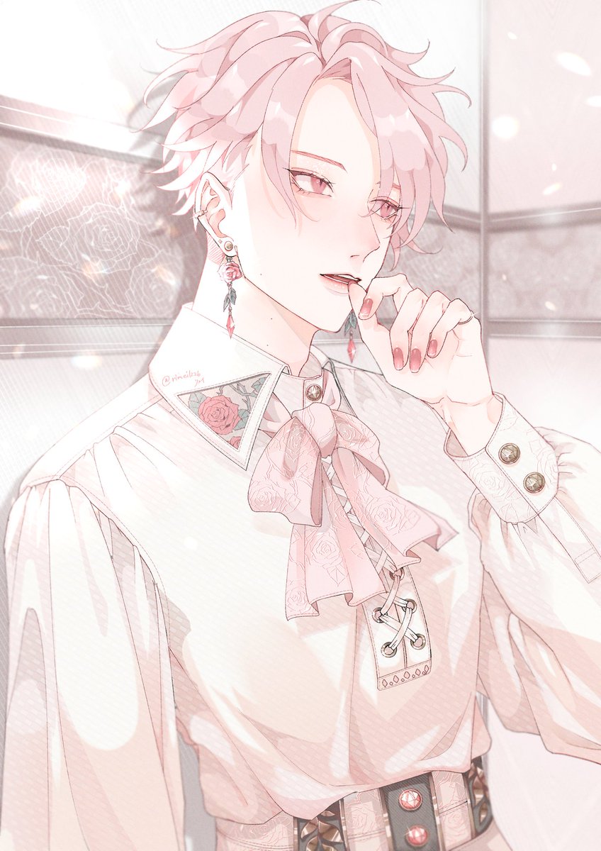 jewelry 1boy male focus flower pink hair short hair rose  illustration images