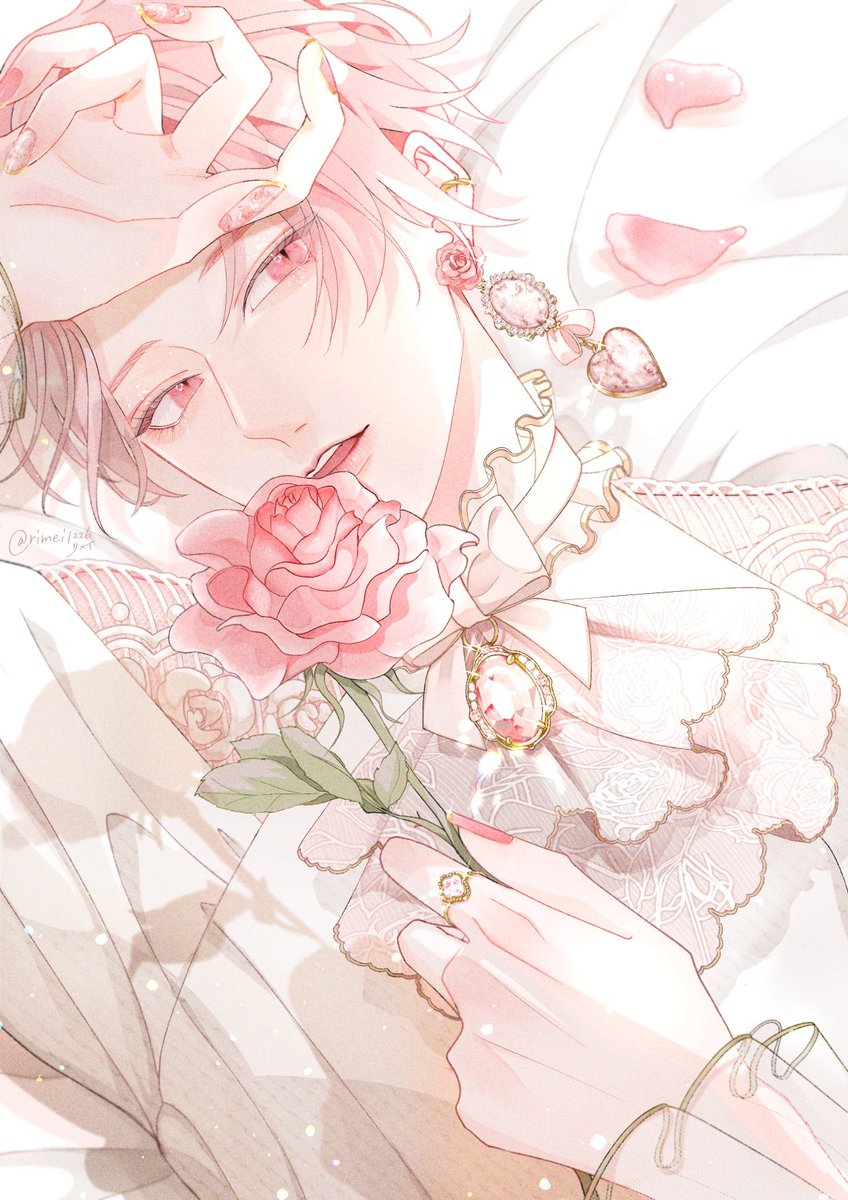 jewelry 1boy male focus flower pink hair short hair rose  illustration images