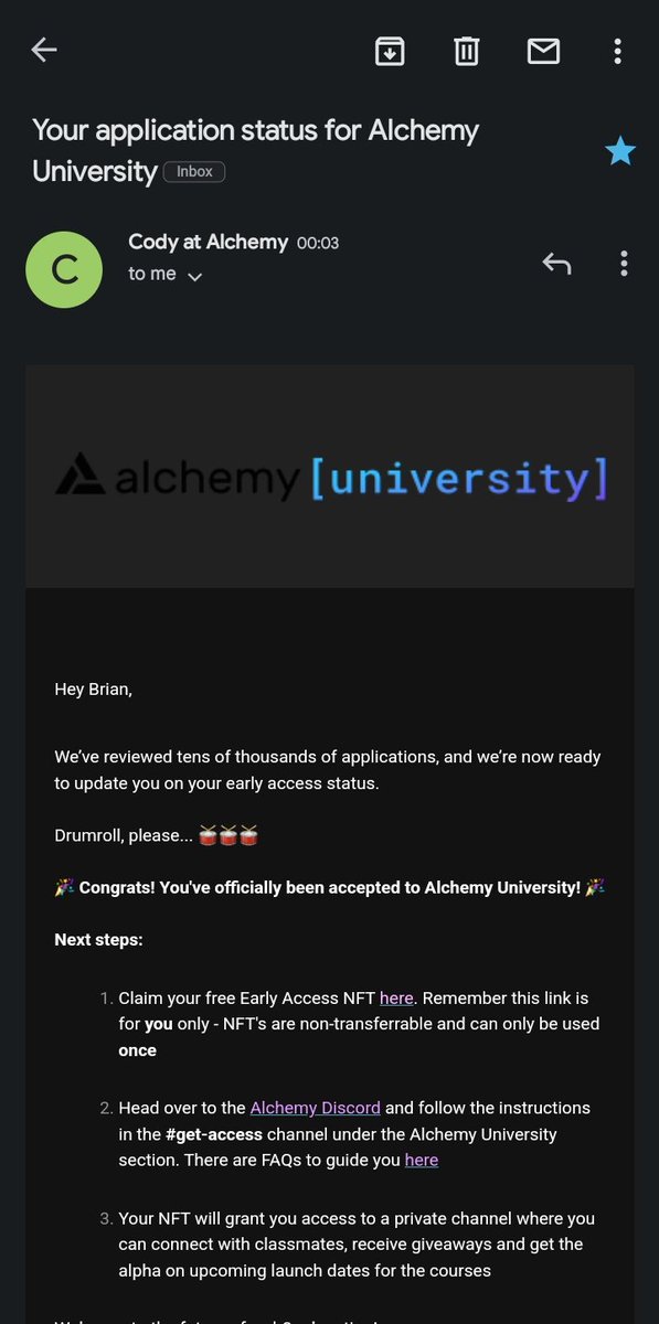 Kenya Trending Today (@_kenya_trending) on Twitter photo ✨️💥🤩🤩🥳🥳🥳 got accepted....<a href="/AlchemyLearn/">Alchemy University</a>
#Alchemy #AlchemyUniversity #web3 #100DaysOfWeb3
#alchemy ✨️💥🤩🤩🥳🥳🥳 got accepted....<a href="/AlchemyLearn/">Alchemy University</a>
#Alchemy #AlchemyUniversity #web3 #100DaysOfWeb3
#alchemy