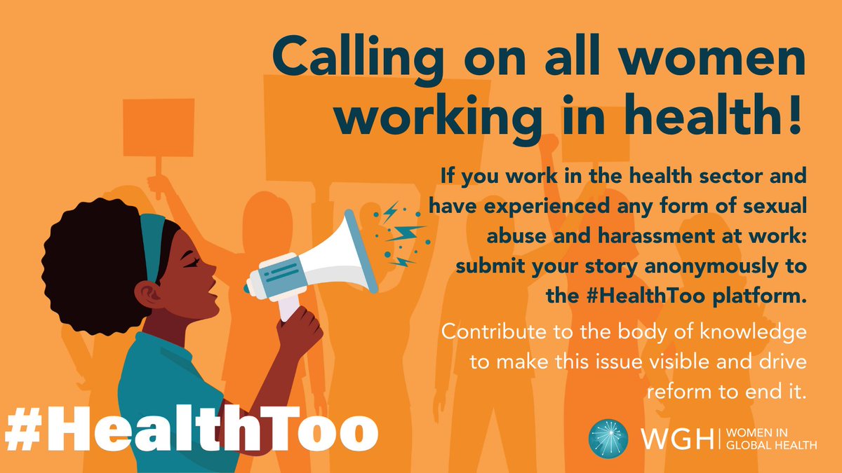📣LET YOUR VOICE BE HEARD

We're calling on all ♀️ working in health! #HealthToo is a platform launched by @womeningh to document the stories of #SEAH in their place of work

womeningh.org/healthtoo/
<a href="/GenderSisonke/">Sisonke Gender Justice Organization</a> <a href="/unwomenSA/">UN Women South Africa</a> <a href="/MrsMaswime/">Salome Maswime</a> <a href="/flavia04/">Flavia Senkubuge</a> @HeikeGeduld <a href="/DrGraceGwini/">Grace Gwini</a>