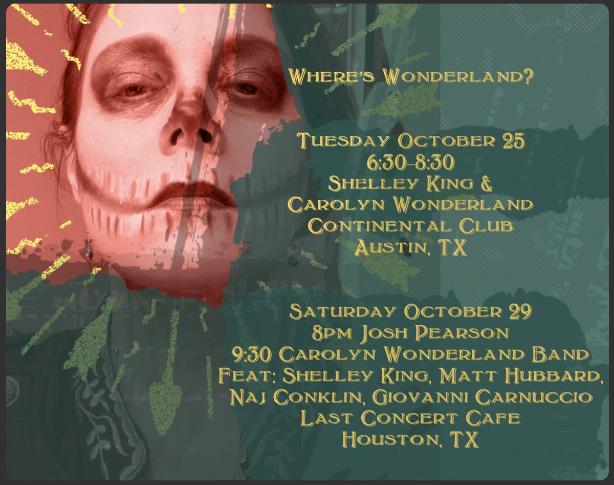 carolyn wonderland (@carolynwonderla) on Twitter photo Austin: Tuesday Happy Hour (or 2) with <a href="/shelleykingtx/">Shelley King</a> at @ContinentalATX Houston: Saturday with full band and special guests at <a href="/LastConcertCafe/">Last Concert Cafe</a> (pre-50th-birthday party before we head overseas) Austin: Tuesday Happy Hour (or 2) with <a href="/shelleykingtx/">Shelley King</a> at @ContinentalATX Houston: Saturday with full band and special guests at <a href="/LastConcertCafe/">Last Concert Cafe</a> (pre-50th-birthday party before we head overseas)