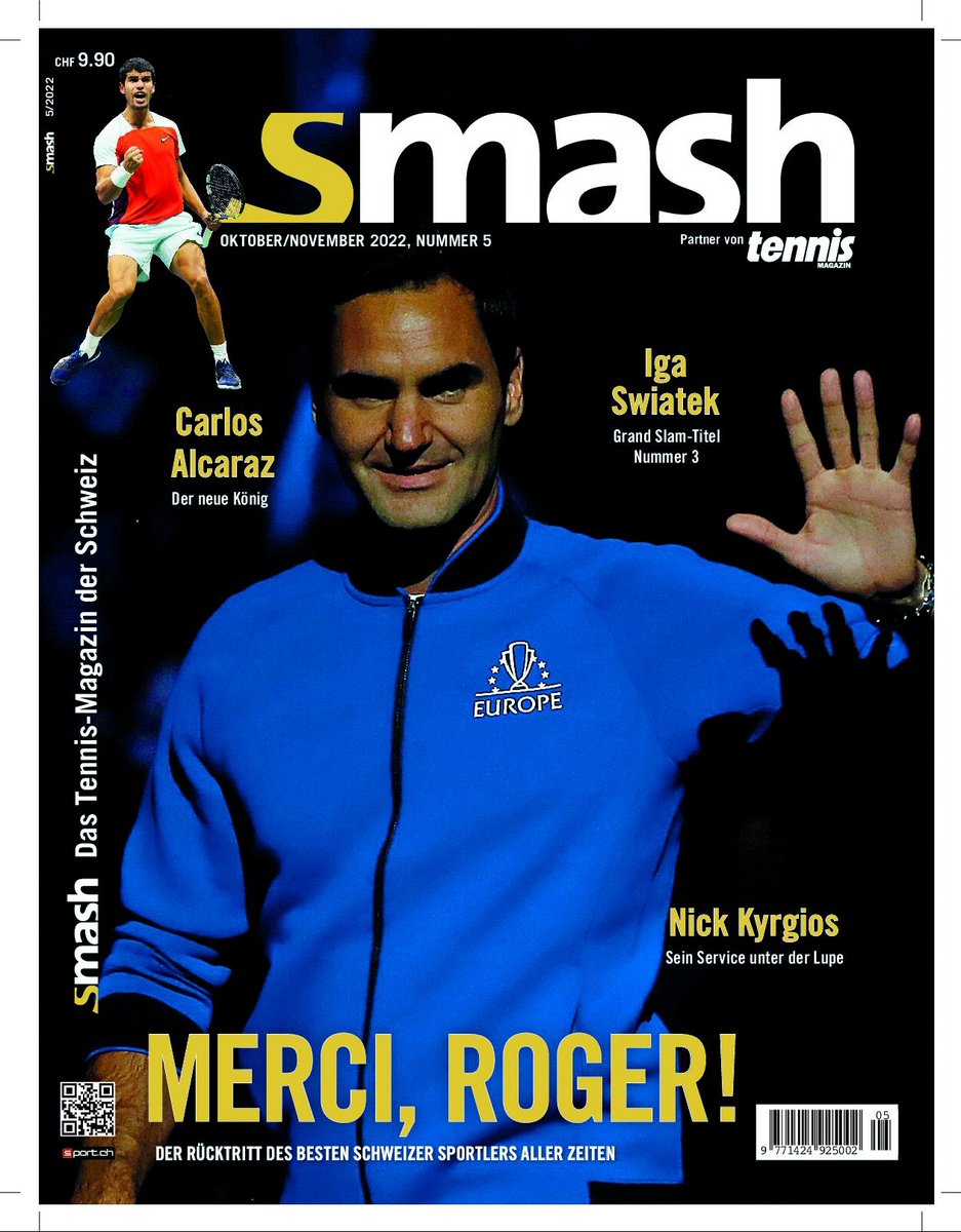 'Smash' The tennis magazine of Switzerland 🇨🇭🎾 Edition Oct./Nov. 2022 Thank you Roger: The retirement of the best Swiss athlete of all time. #MagazineCover 🐐 #RogerFederer