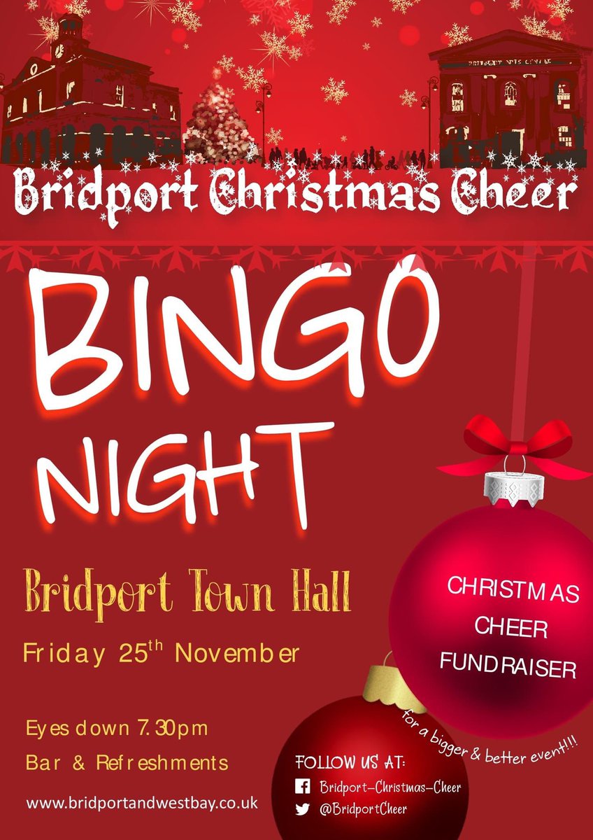 BridportCheer's tweet photo. Our Christmas Cheer Bingo night will be held on Friday 25th November, 7.30pm at Bridport Town Hall.  Everyone welcome! https://t.co/pHBSbVTjsK