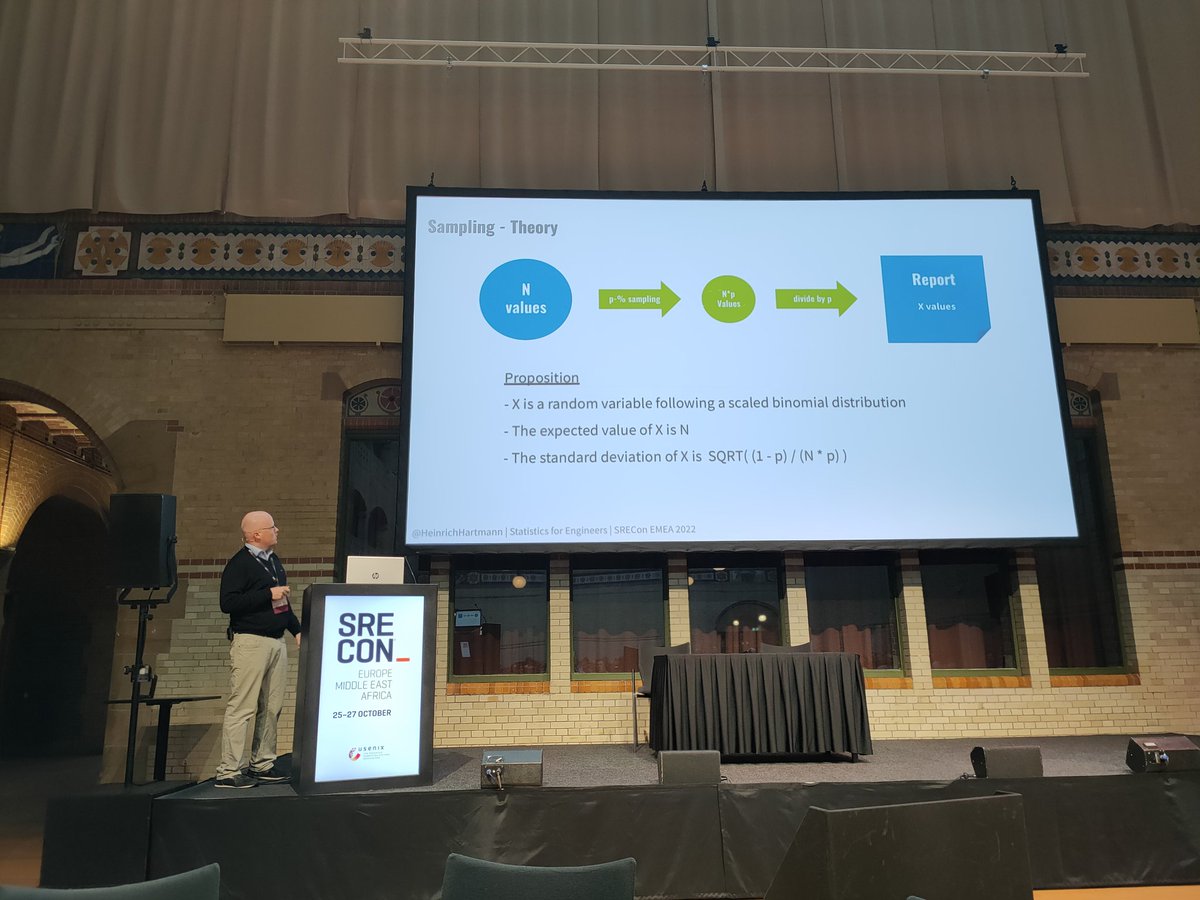 stereoparty's tweet image. I&apos;m pretty sure I&apos;ll apply some of the stuff in @heinrichhartman &quot;Statistics for Engineers&quot; session at #srecon22  in the future. Here&apos;s his formula for calculating the error introduced by applying (cost saving) sampling on your telemetry data.
@SREcon