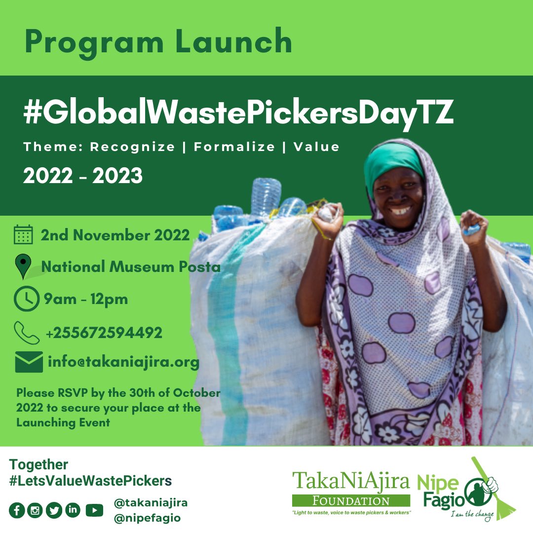 With Nipe Fagio we are conducting the first ever Global Waste Pickers Day Program in Tanzania! Our program launches on the 2nd of November 2022. Stay tuned and contact us if you wish to take part and support this cause. 
#takaniajira #wasteisdecentjobs #wastepickers #wasteworkers
