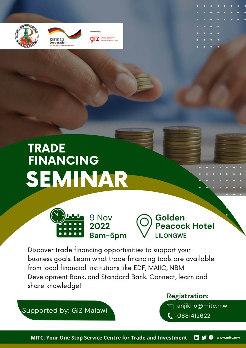 Be part of our Trade Financing Seminar on 9th November at Golden Peacock Hotel in Lilongwe and discover trade financing opportunities to support your business goals. Connect, learn and share knowledge! Register today! 
#TradeFinance 
#SMEs 
#Export