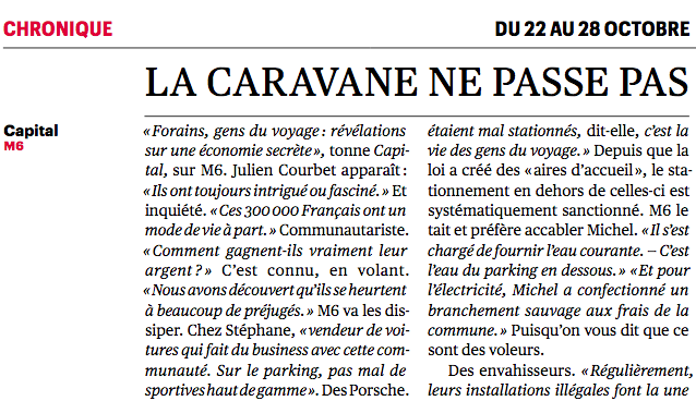 SamGontier's tweet photo. Mercredi dernier, dans @Telerama, j’étrillais Capital, sur M6, pour son “enquête” bourrée de clichés discriminatoires sur les gens du voyage. 
Le lendemain, @fabre_marina révélait dans @arretsurimages les terribles conséquences pour les personnes filmées.
https://t.co/Z6JBizUuaE https://t.co/qUWjnedhl6