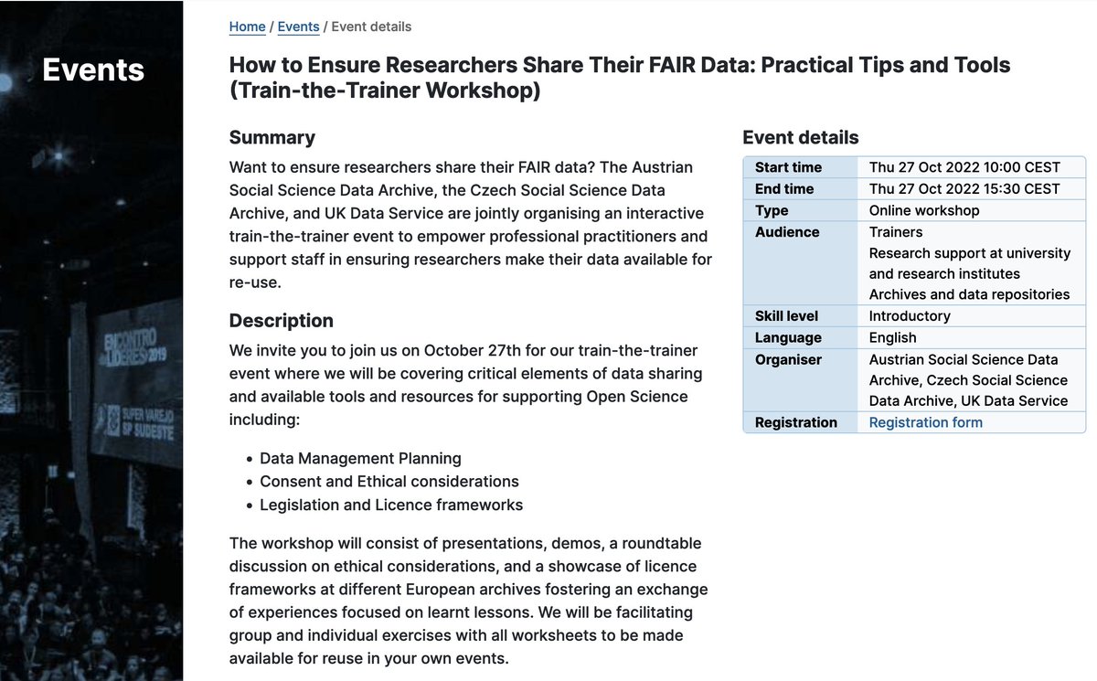 CESSDA_Data's tweet photo. 👆New #TrainTheTrainer workshop!
📅 27.10 10-15:30 CEST
It will cover critical elements of #datasharing & available tools for #OpenScience
◾#DataManagement Planning
◾Consent & Ethical considerations
◾Legislation & Licence frameworks
➡️https://t.co/JZaJ7NSZ36 #CESSDATraining https://t.co/cQWW9n27Tn
