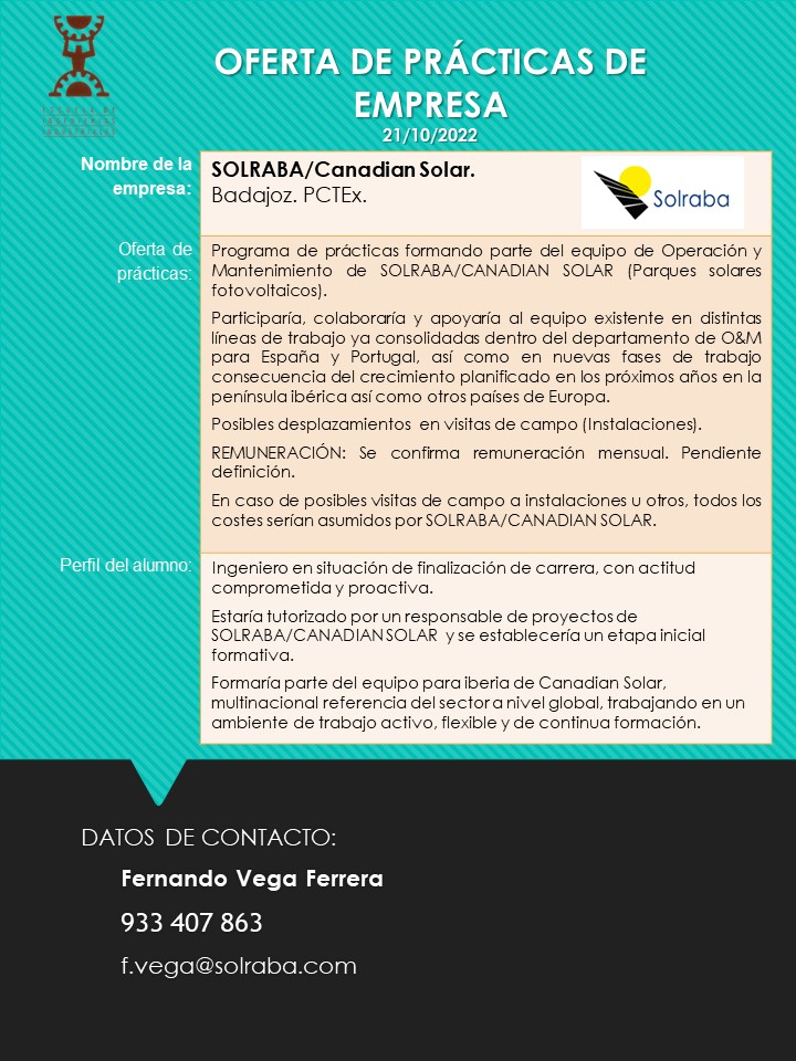 Nueva oferta de prácticas en Solraba para estudiantes de la <a href="/eii_uex/">E.II.II. UEx</a> de la <a href="/infouex/">UEx</a>. <a href="/ConsejoEEII/">Consejo Estudiantes E.I.I.</a> <a href="/AlumniUEx/">AlumniUEx</a>