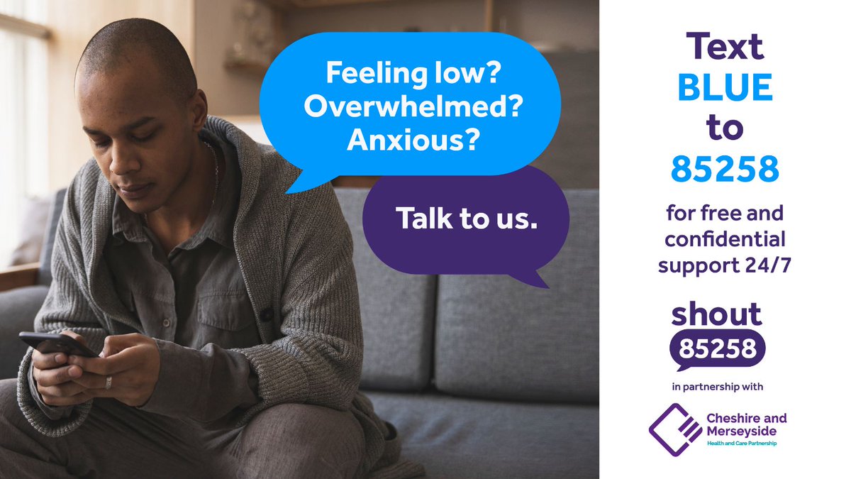 Feeling low? Shout is here to help 💙 Shout 85258 is a free, confidential text support service for anyone who is struggling to cope. Text BLUE to 85258 for a chat with a trained volunteer at any time.