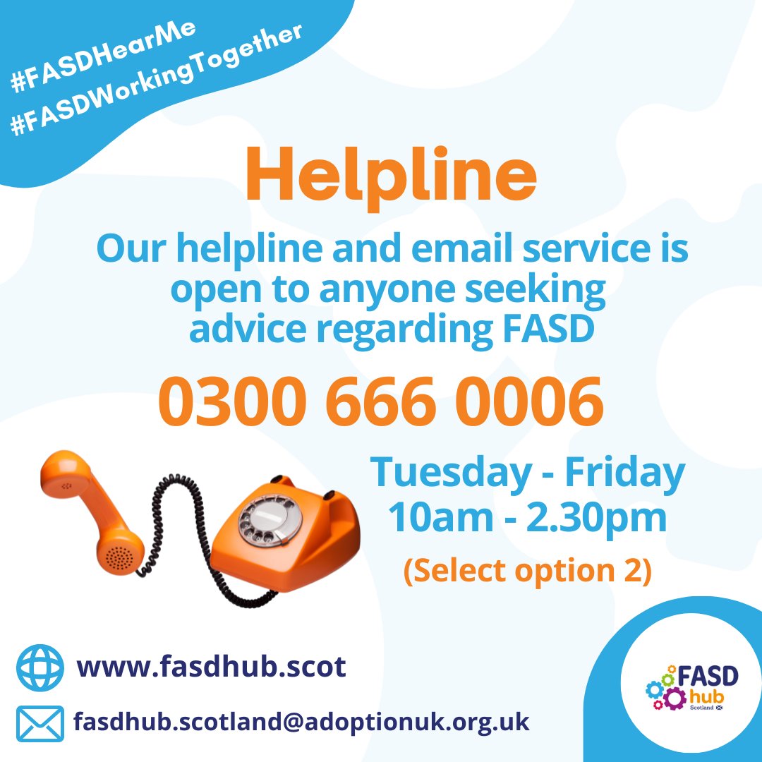 FasdhubScotland's tweet image. Did you know that your child/YP  does not need to have an #FASD diagnosis or confirmed PAE history in order for you to access our service?  Our team at the FASD Hub can provide advice, support and information on the phone or via email. 

#FASDWorkingTogether #FASDHearMe #FASD