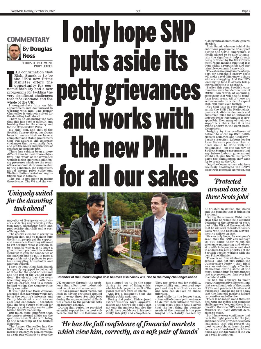 Douglas4Moray's tweet photo. Congratulation to Rishi Sunak.
Now for everyone's sake, the SNP must put aside their relentless grievance-mongering and obsession with independence and work with our new Prime Minister to address the real priorities of the Scottish people 👇📰 https://t.co/SxwK1EYimn