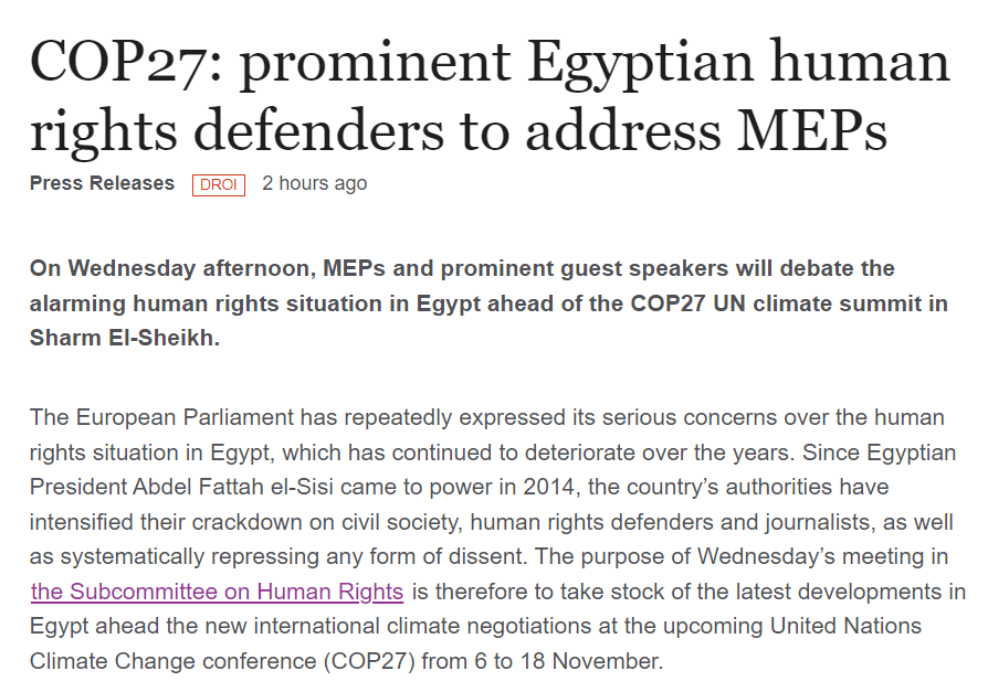 📢 On Wednesday 26th, 3.30pm, @EP_HumanRights MEPs will debate #Egypt's ongoing repression and abuses ahead of #COP27, with @sana2, @FreeRamyShaath, and @hrw's @RPearshouse Live broadcast: multimedia.europarl.europa.eu/en/webstreamin… For more info: europarl.europa.eu/news/en/press-… #FreeAlaa #FreeThemAll