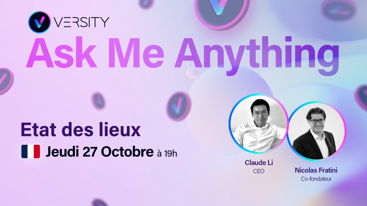 Le Jeudi 27 octobre à 19H00, retrouvez Claude Li, CEO et <a href="/NicolasFratini3/">Nicolas Fratini</a>  Fratini, co fondateur pour faire un état des lieux sur le Round 2 de l'ICO <a href="/versity/">おさるのジョージ選手</a> Official ! 🚀
vos questions en live : t.me/versity_fr?vid…

#ama #versity #metavers #ico #crypto #live #nftproject