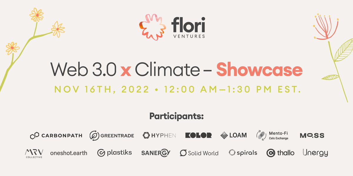 We are happy to announce our participants' list for the Web 3.0 X Climate showcase! RSVP on the link below - Nov 16th 12am EST

stonks.com/flori/climate-…
<a href="/SpiralsProtocol/">Spirals Protocol 🌱🙈</a> <a href="/thallo_io/">Thallo</a> @unergyio