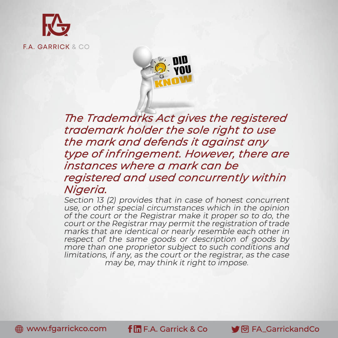 FA_GarrickandCo's tweet photo. Did You Know?
The Trademarks Act gives the registered trademark holder the sole right to use the mark and defends it against any type of infringement. However, there are instances where a mark can be registered and used concurrently within Nigeria.
#DidYouKnow #TradeMarkAct https://t.co/sSbZmROtGv