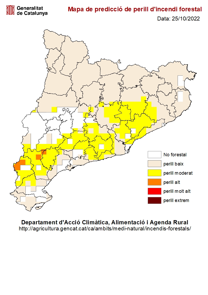 Mapa de predicció de perill d'incendi forestal dia 25/10/2022