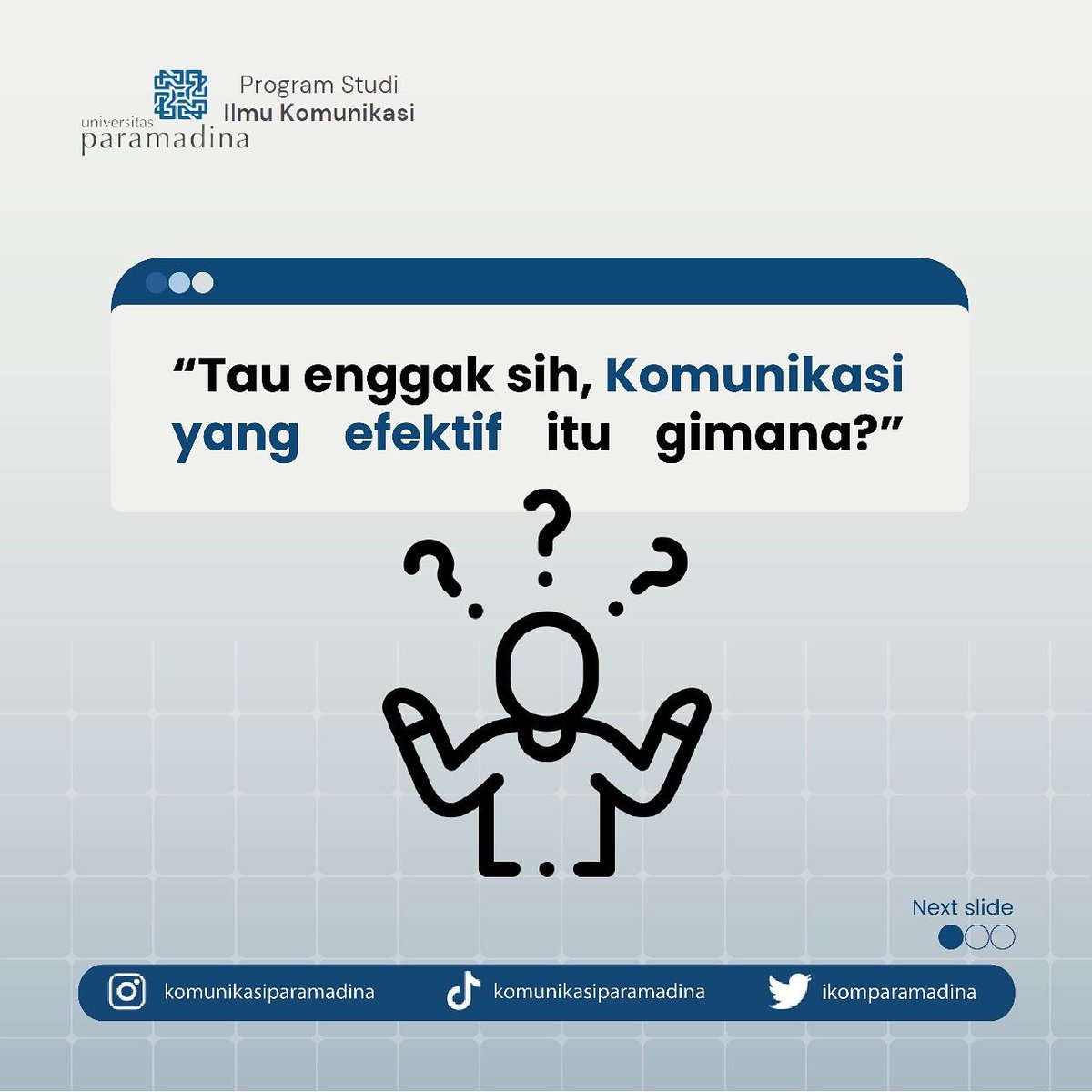 ikomparamadina's tweet photo. Nah guys, sekarang udah tau kan tips komunikasi yang efektif tuh gimana. Jadi jangan lupa diterapin ya! 🤩

#tipskomunikasi #ilmukomunikasi #komunikasi #universitasparamadina https://t.co/sL3VkkYnUo