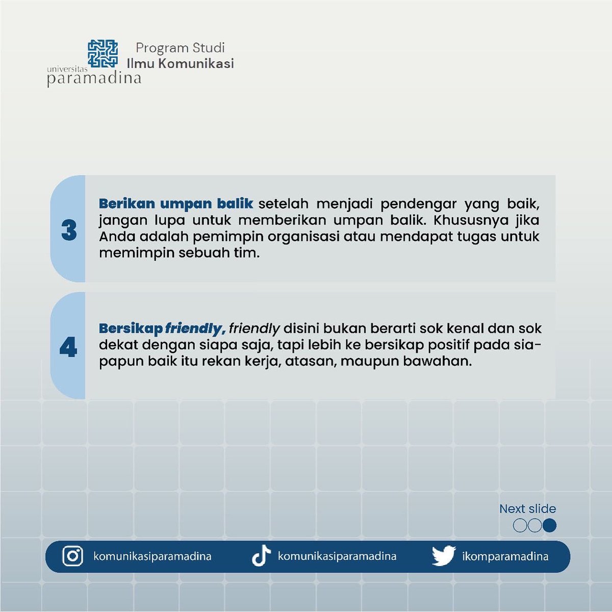 ikomparamadina's tweet photo. Nah guys, sekarang udah tau kan tips komunikasi yang efektif tuh gimana. Jadi jangan lupa diterapin ya! 🤩

#tipskomunikasi #ilmukomunikasi #komunikasi #universitasparamadina https://t.co/sL3VkkYnUo