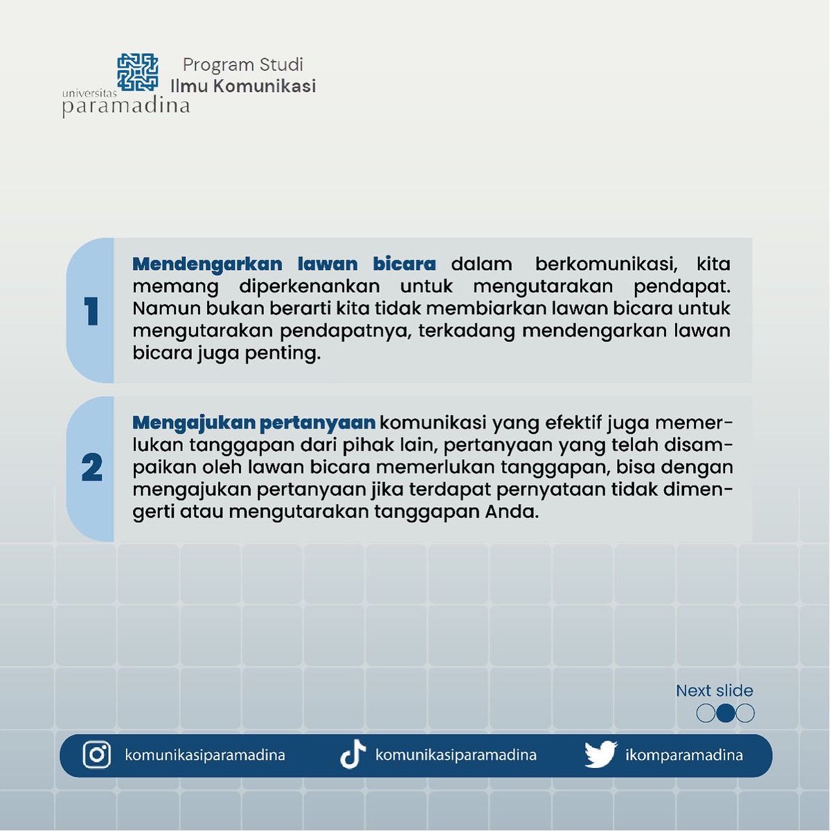 ikomparamadina's tweet photo. Nah guys, sekarang udah tau kan tips komunikasi yang efektif tuh gimana. Jadi jangan lupa diterapin ya! 🤩

#tipskomunikasi #ilmukomunikasi #komunikasi #universitasparamadina https://t.co/sL3VkkYnUo
