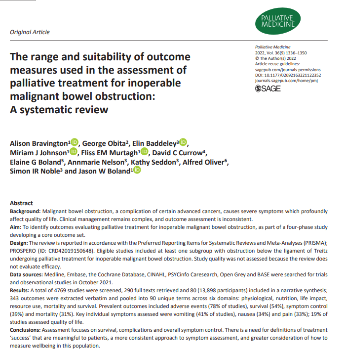 Adverse events and survival are the most prevalent outcomes measured in studies of inoperable malignant bowel obstruction patients, when symptom relief might be the most appropriate objective. #hpm #hapc journals.sagepub.com/doi/full/10.11…
