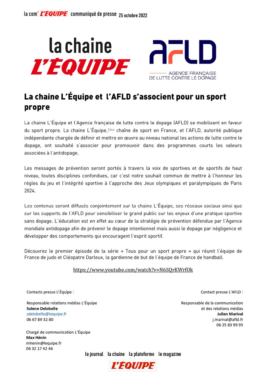 🤝<a href="/lachainelequipe/">la chaine L'Équipe</a> et <a href="/AFLD_France/">AFLD</a> s'associent pour un sport propre.

Le communiqué de presse 👇