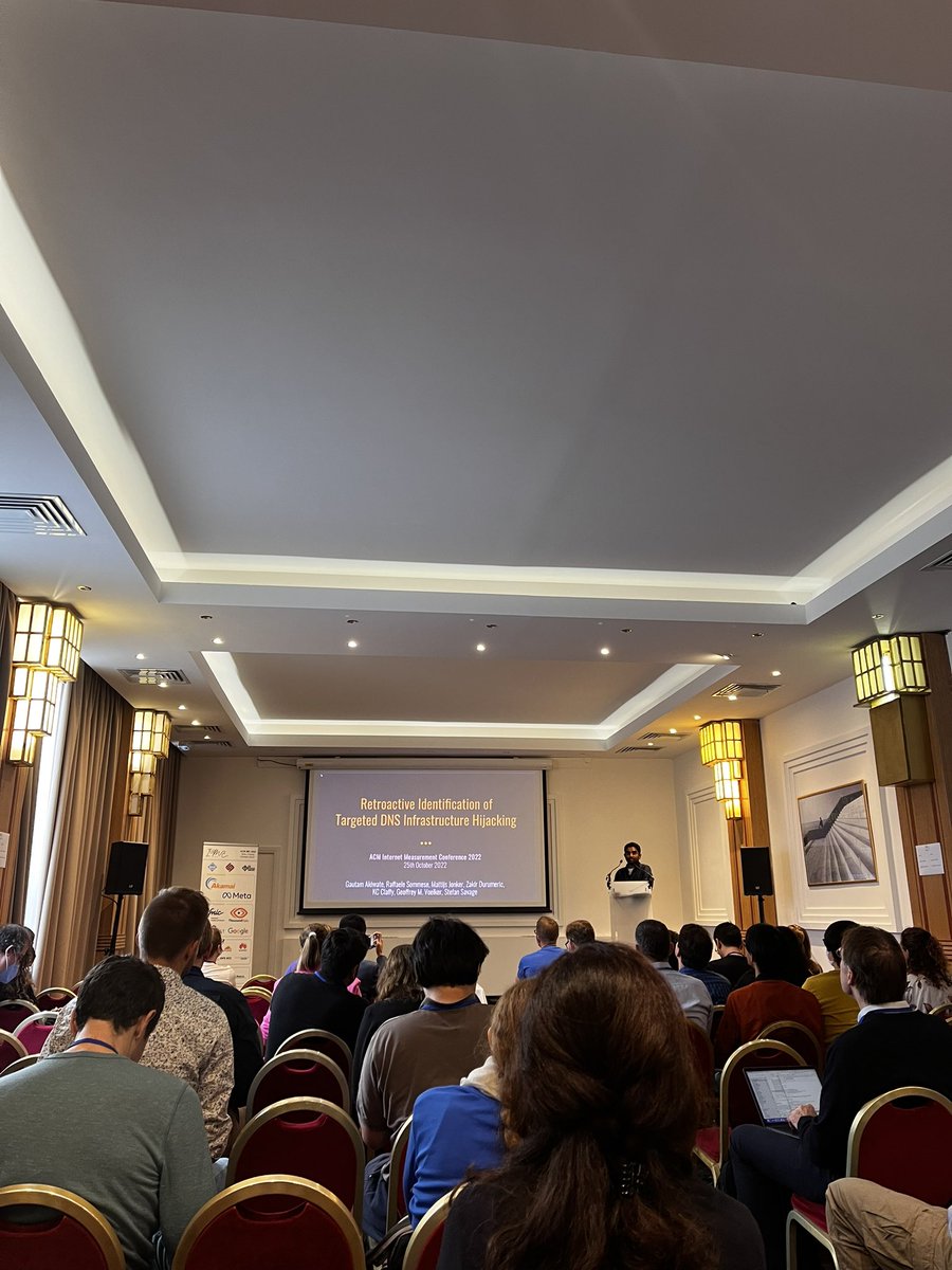 Next up in the DNS session, <a href="/aktiwate/">Gautam Akiwate</a> presents work on retroactive identification of targeted DNS infrastructure hijacking. #IMC2022