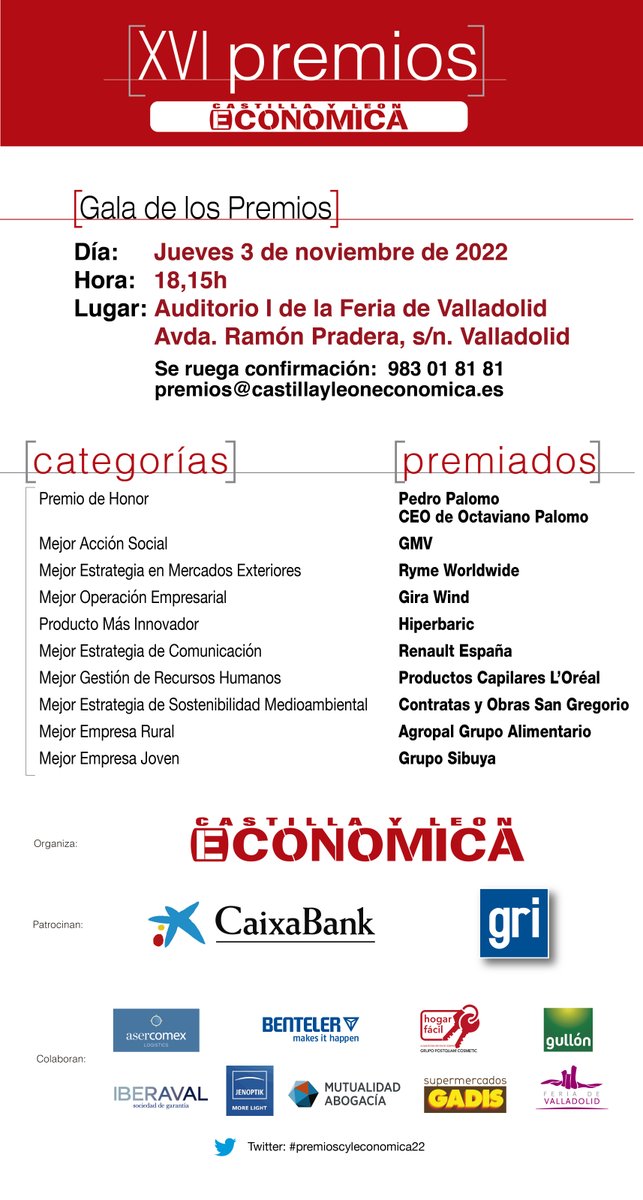 cyleconomica's tweet photo. El 3 de #noviembre se entregan los XVI #premioscyleconomica22 https://t.co/mZ49Zj4M7T @caixabank @GRIrecolocacion @asercomexLCI @BENTELER_Group @Gullon_esp #HogarFácil @IBERAVAL #Interob @Jenoptik_Group @gadis @MutuaAbogacia https://t.co/bBbl3sXuyn