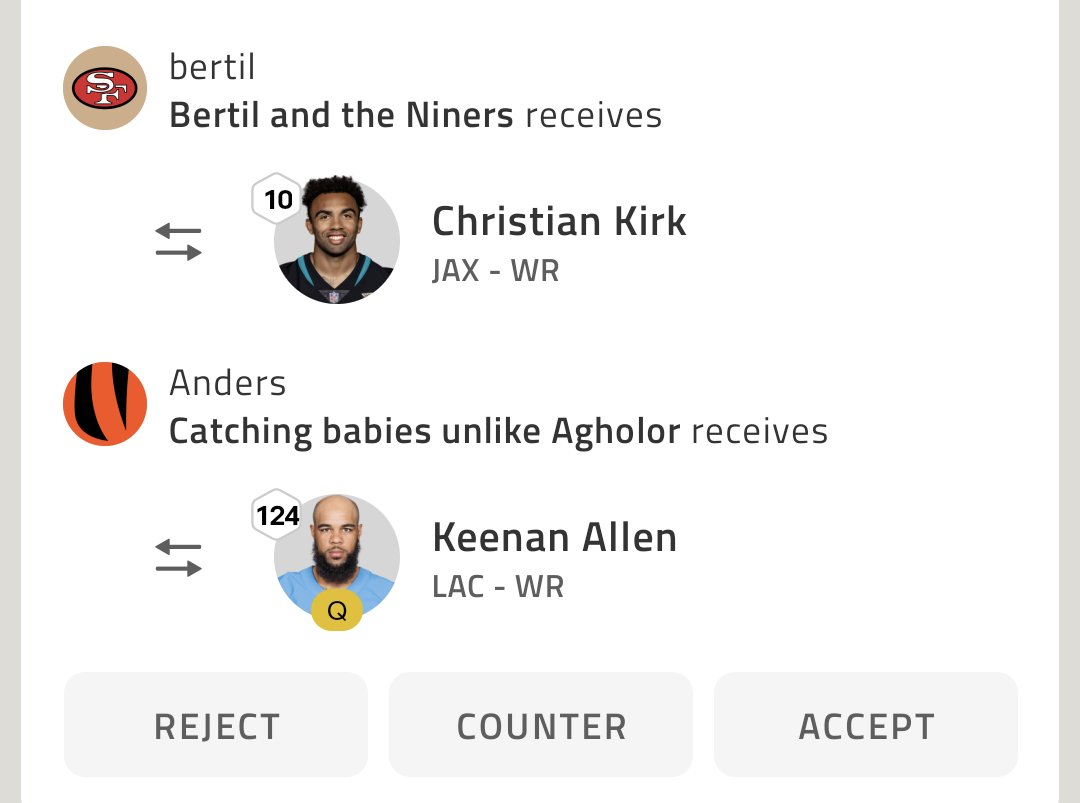 HansenBertil's tweet photo. @NFLFantasy help me out, what do you guys think, should i accept and get Kirk or keep Allen ? https://t.co/bvHJj4v9pQ