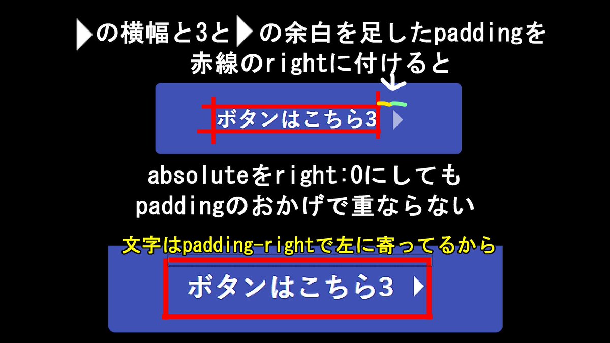 ryotaWeb420's tweet photo. #デイトラ 中級D15学び
ボタン3のspanにpadding-rightを���てた理由(私の予想)

なぜmargin-leftやrightじゃなくてpaddingなの？ってずっと疑問だったから画像を作って考えてみた。

画像化すると手を動かすから理解力も深まるし、考えも整理できて良き

#駆け出しエンジニアと繋がりたい #webデザイン https://t.co/9ezWvGlHyd
