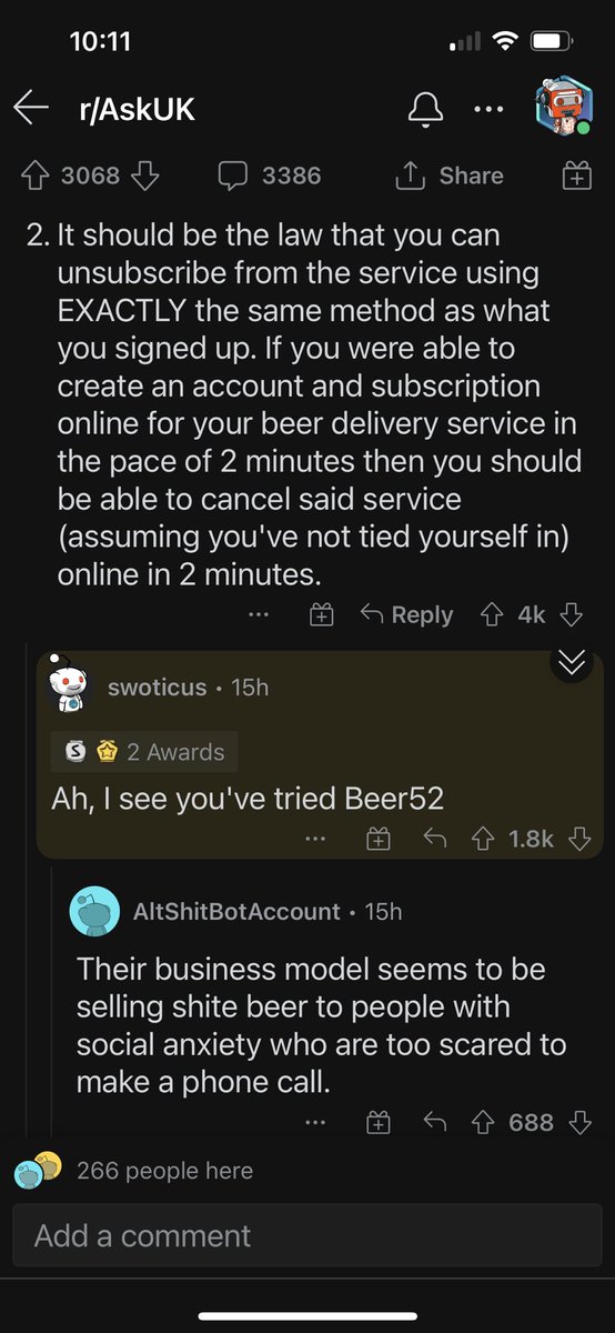 Tive's tweet image. The question: “what law would you love to see brought into force in the UK?”
The answer: cc @beer52 
Link: reddit.com/r/AskUK/commen…