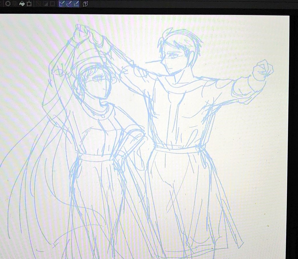 また踊らせようとしてる(最近やり取りさせていただいてるビザンツ史の先生に「2巻のおまけイラストの踊っているふたりの絵、気に入っています☺️」と言っていただいて嬉しかったから…)(チョロすぎ…) 