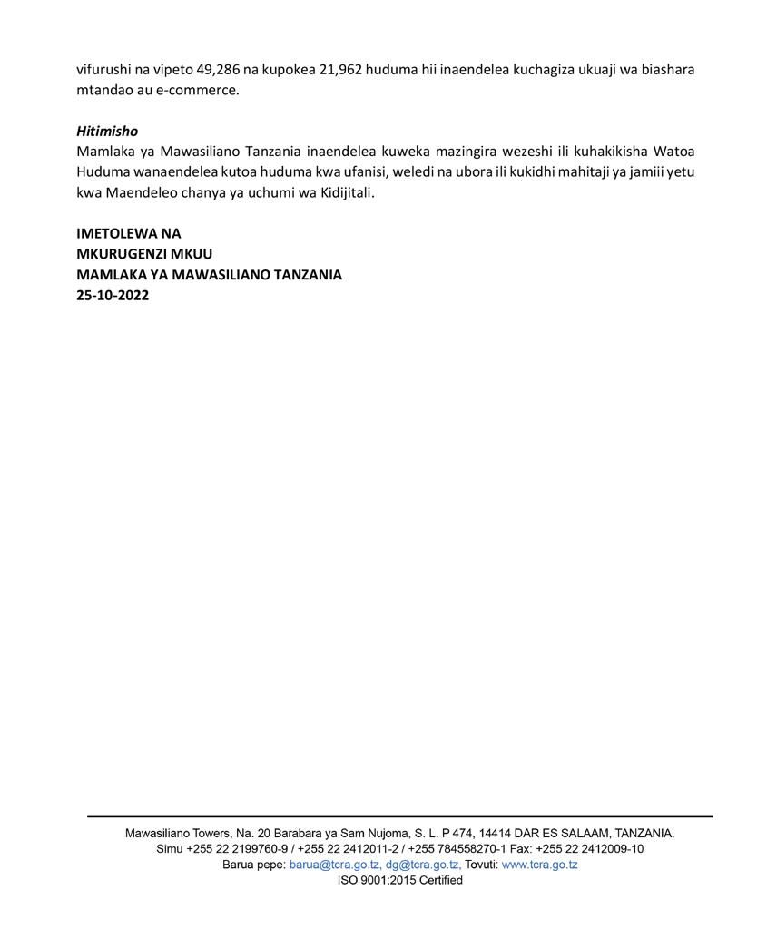Taarifa kwa Umma: RIPOTI YA UTENDAJI WA SEKTA YA MAWASILIANO KWA ROBO YA KWANZA YA MWAKA WA FEDHA 2022/23.

Imetolewa na Mkurugenzi Mkuu Mamlaka ya Mawasiliano Tanzania (TCRA), Dkt. Jabiri Bakari, Tarehe 25 Oktoba, 2022.