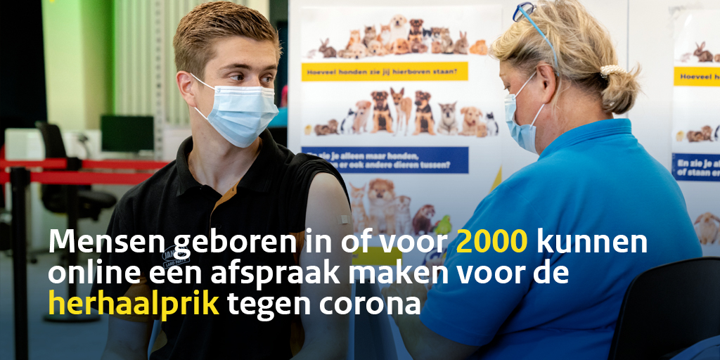 rivm's tweet photo. Mensen geboren in of voor 2000 kunnen nu een afspraak inplannen bij de GGD voor een #herhaalprik tegen het #coronavirus. Dit kan via https://t.co/JVzAXRKmwT of via 0800-7070. Je kan de herhaalprik minimaal 3 maanden na jouw laatste coronaprik of -besmetting halen. https://t.co/fhZjc6O9uU
