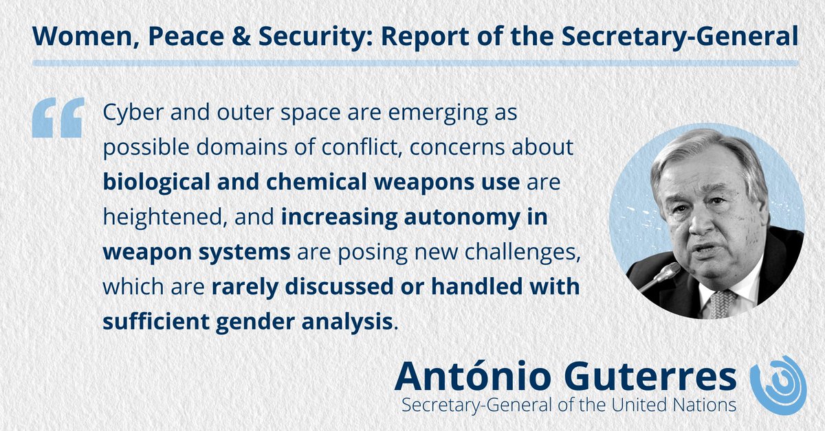In his annual report on Women, Peace & Security (#WPS), @UN Secretary-General stressed the importance of gender analysis in discussions on #Cyber, #AI, #Biological & #ChemicalWeapons. We work to build knowledge & awareness in these areas, learn more ⤵️ 🔗unidir.org/programmes/gen…