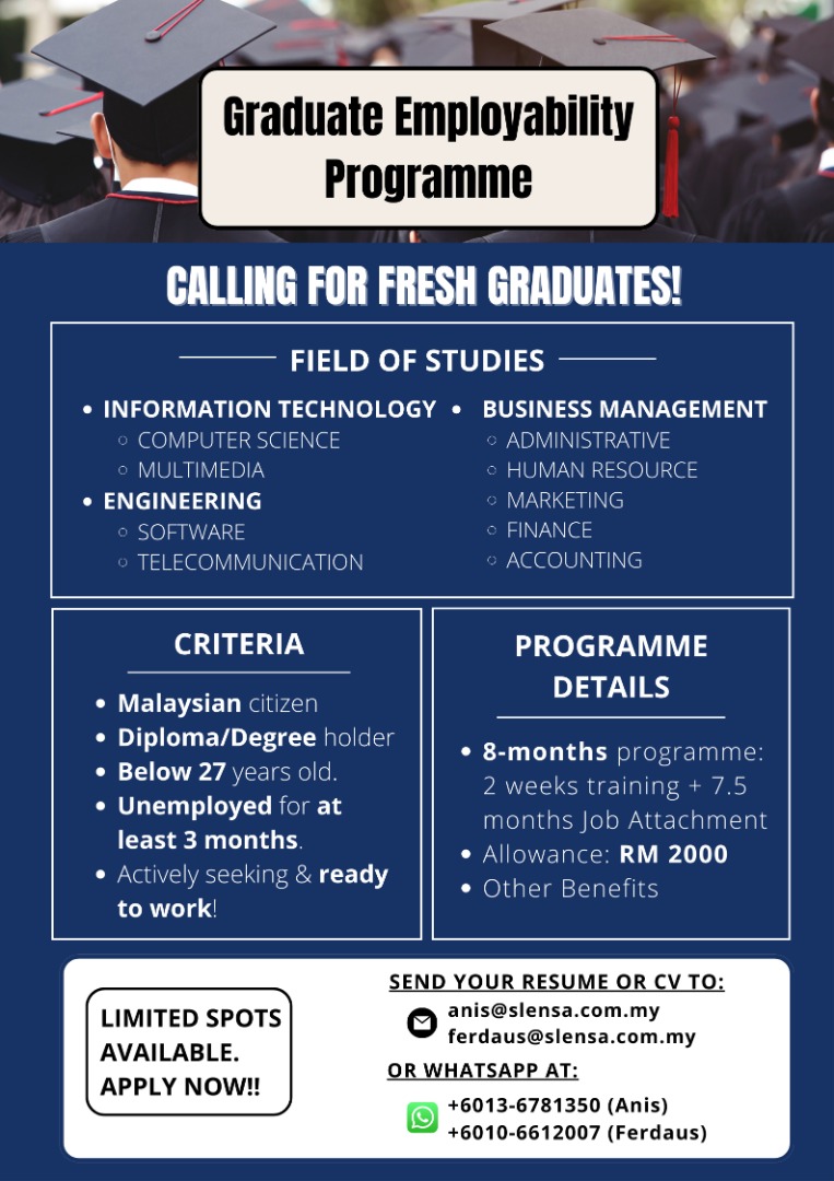 kookminis_'s tweet photo. (HELP RT)
Calling for fresh graduates!!

If you're actively seeking for employment and you fulfil the criteria stated in the poster below, do feel free to apply!

Email your resume to anis@slensa.com.my https://t.co/Gat8QBexNC