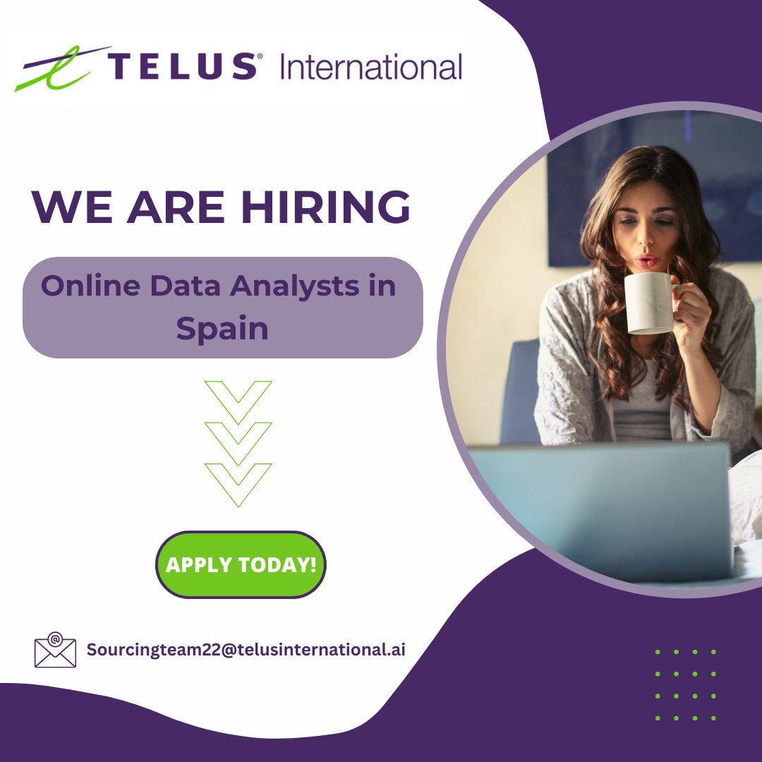 AICommunity_IE's tweet photo. We are recruiting for Online Data Analysts in Spain! 🇪🇸
Please see link below for more details:
https://t.co/3xit0iw3gM

✉️sourcingteam22@telusinternational.ai

#AI #AICommunity #TELUSAI #Jobfairy #OnlineDataAnalyst #recruiting #remotejobs #Spain  #Spanish https://t.co/Q0CPwvTuIk