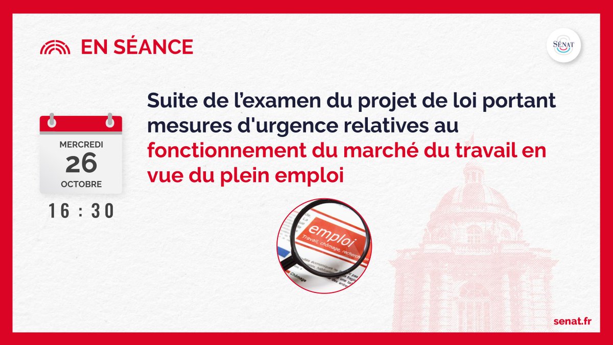 🔴 À 16h30, suivez en direct sur notre site, la suite de l’examen du projet de loi sur le fonctionnement du marché du travail. Le direct : 🎥 videos.senat.fr/direct