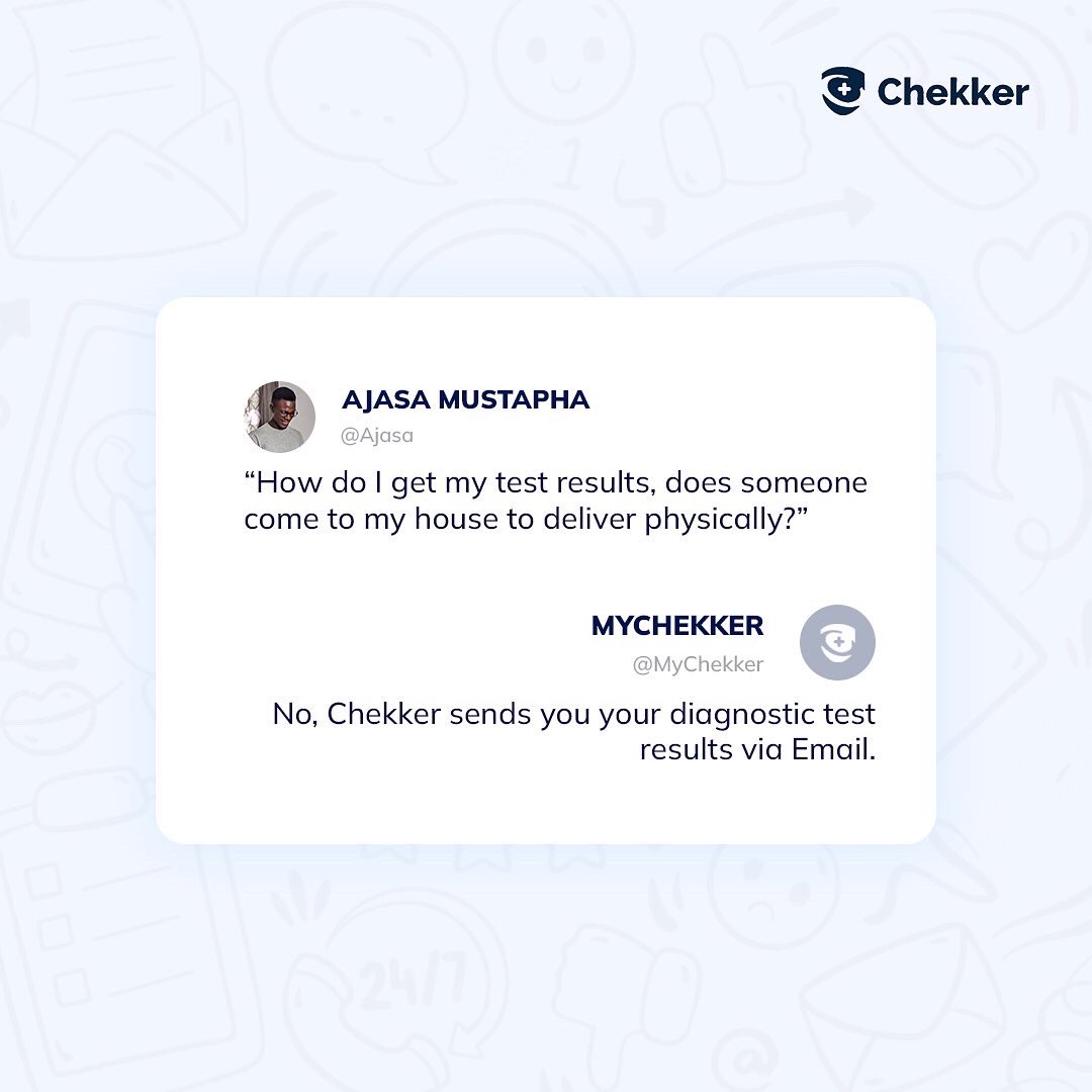 Mychekker's tweet photo. With Chekker, your diagnostic test results are well-vetted and interpreted by Medical professionals, before they are sent to you digitally via Email within 24 - 72 hours.
Do you have any questions? Please send us a DM or drop a comment! 👋🏼
#BookATestWithChekker https://t.co/7ftFJrvluq
