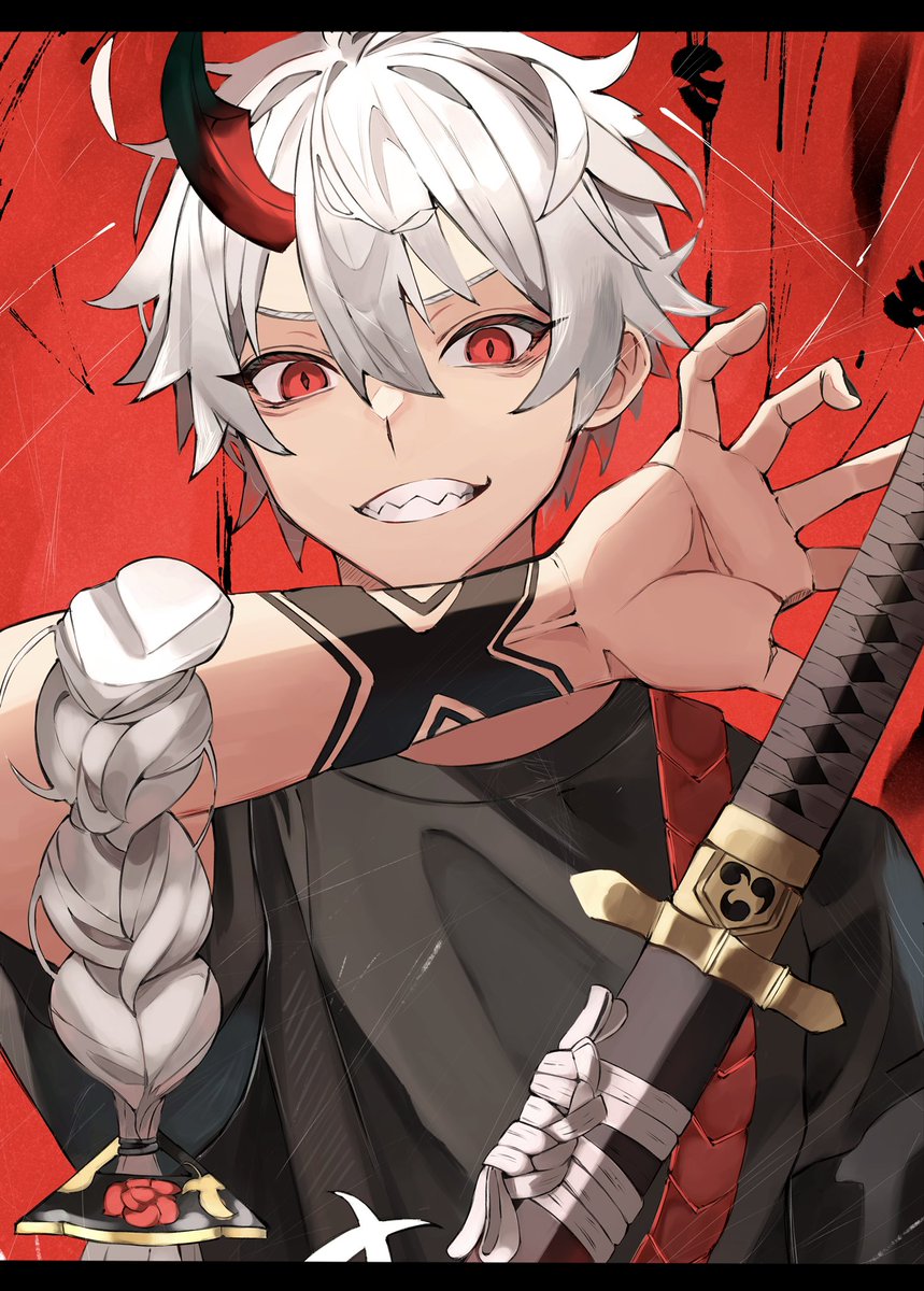 1boy male focus red eyes horns weapon sword solo  illustration images