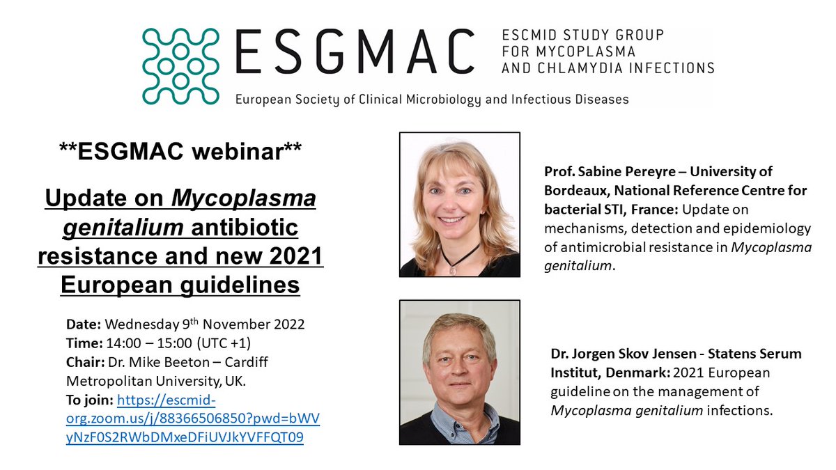 Please join us on Wednesday 9th November for this exciting webinar where @SabinePereyre and Dr. Jorgen Skov Jensen will discuss Mycoplasma genitalium antibiotic resistance and new 2021 European guidelines @ESCMID escmid-org.zoom.us/j/88366506850?…
